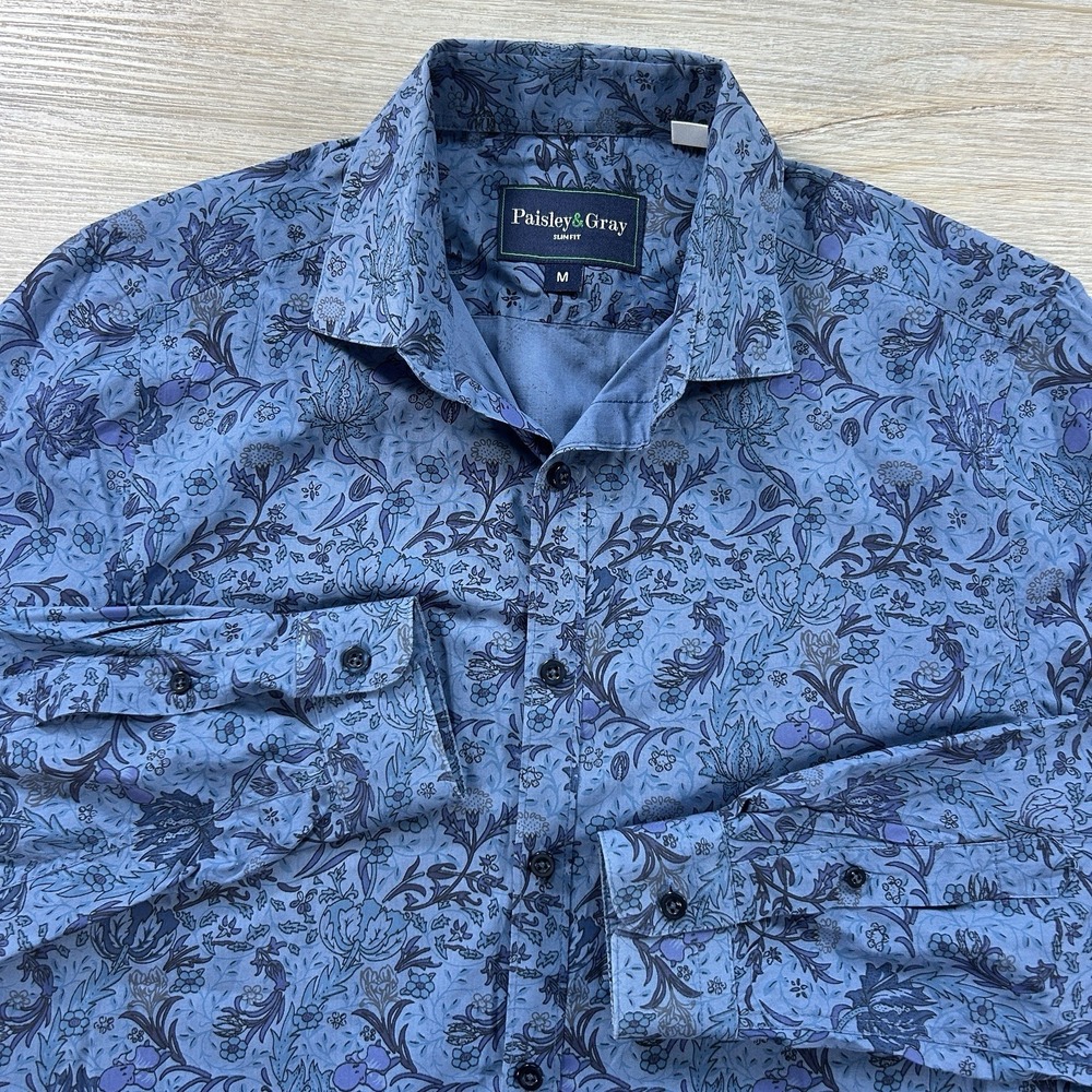 Paisley & Gray Medium Slim Fit Blue Floral Colorful Shirt Cotton Stretch Paisley
